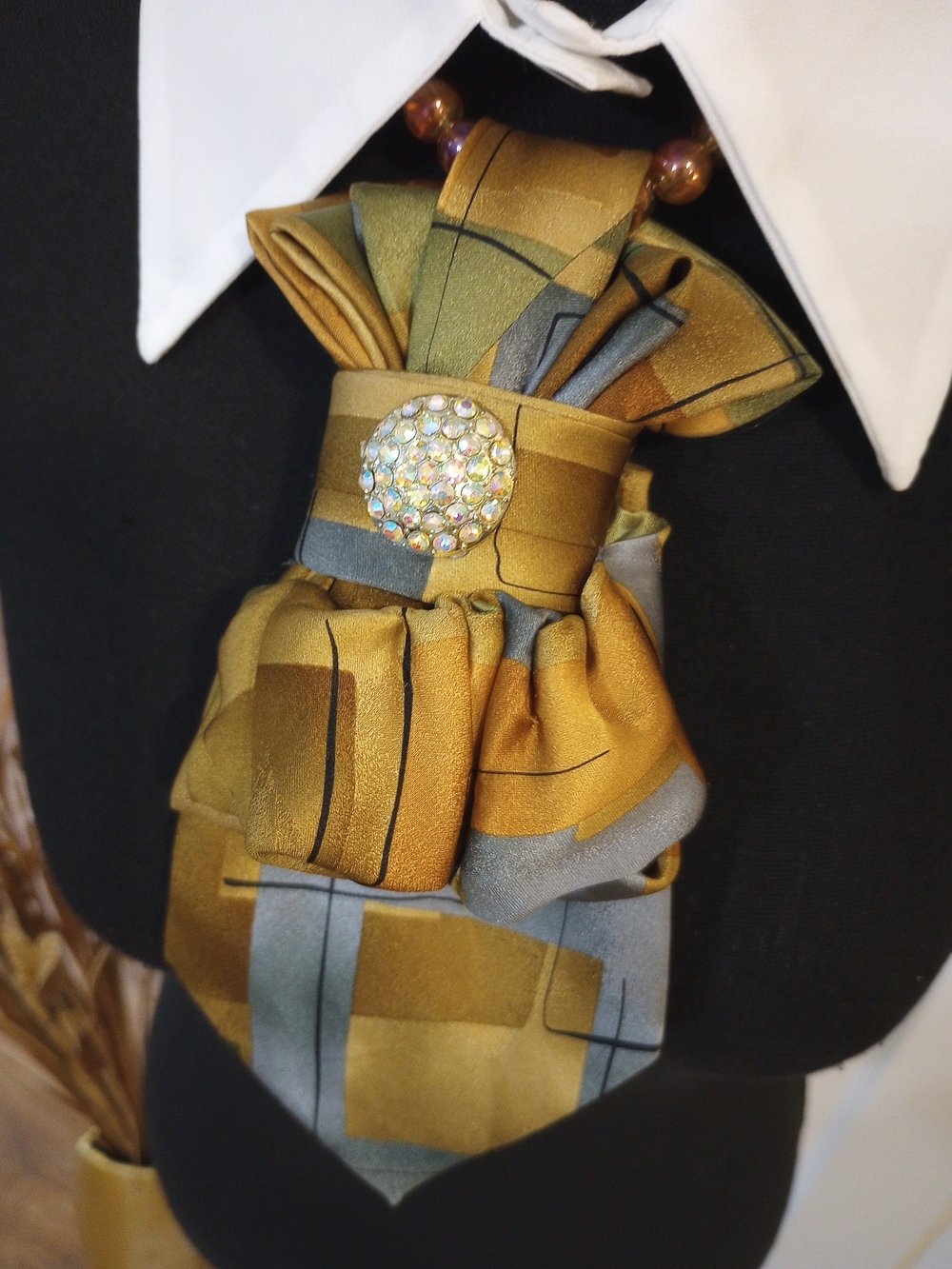 Gold and Gray Statement Necktie  Necklace with Rhinestone Brooch